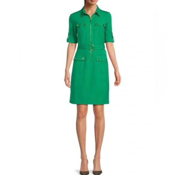 Sharagano Front Zip Sheath Dress, 4 / Green